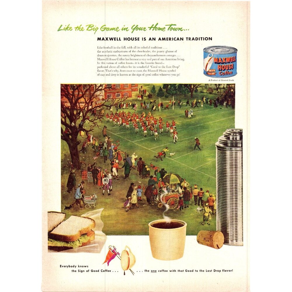 1951 Maxwell House Coffee Vintage Print Ad College Football Thermos Mug Wall Art